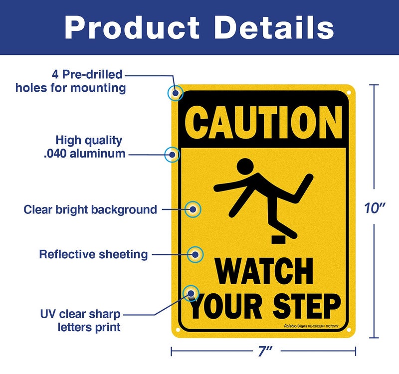 Faittoo (4 Pack) Caution Watch Your Step Sign Safety Sign, 10 x 7 Inches rectangle, .040 Rust Free Aluminum, UV Protected and Waterproof, Weather Resistant, Durable Ink, Easy to Mount - Image 2